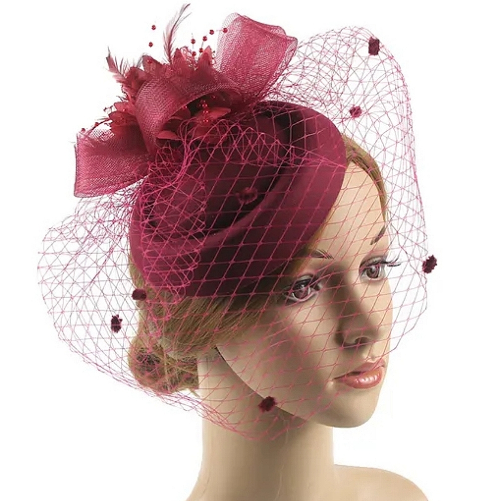 Elegant Royal Pillbox Lace Dotted Veil Wine Hat Fascinator by Beloved Mi…